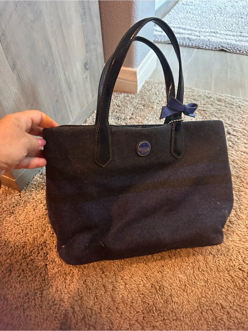Coach Navy and Black Striped Tote with Leather Handles and Bow Accent